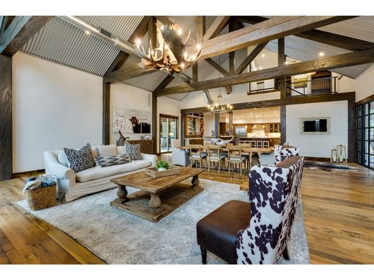 Chandelier, Dining room, Interior, Kitchen, Living room, Pendant Lights, Recessed Lighting, Wooden Beams, Wood Texture Flooring