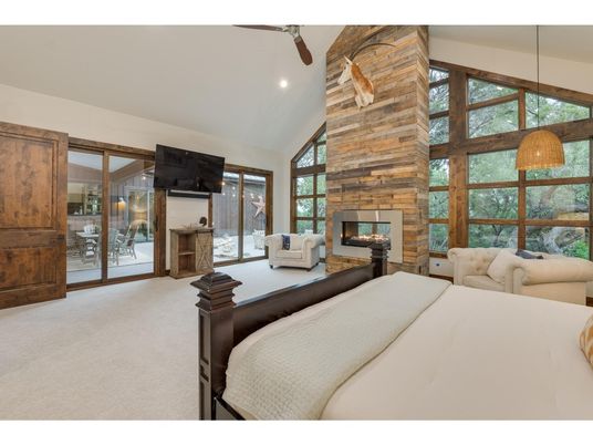 Bedroom, Fireplace, Interior, Pendant Lights, Recessed Lighting, Stone Walls, Wooden Beams, Wooden Walls