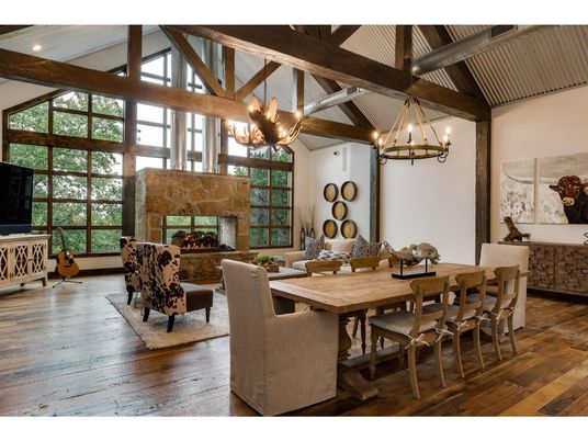 Chandelier, Dining room, Fireplace, Interior, Living room, Pendant Lights, Wooden Beams, Wood Texture Flooring