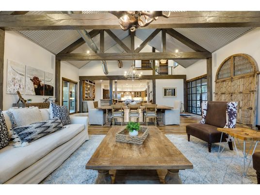 Chandelier, Dining room, Interior, Kitchen, Living room, Wooden Beams, Wood Texture Flooring