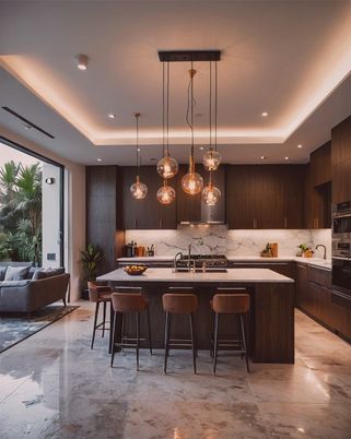 Interior, Kitchen, Marble, Pendant Lights, Recessed Lighting, Stainless Steel Appliances