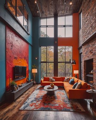 Fireplace, Interior, Living room, Recessed Lighting, Stone Walls, Wood Texture Flooring
