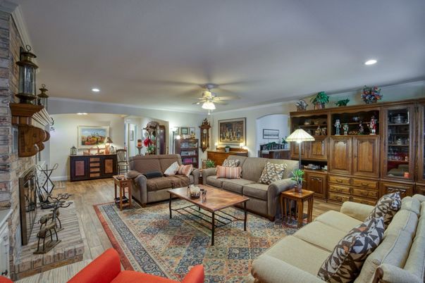 Fireplace, Interior, Living room, Recessed Lighting, Wood Texture Flooring