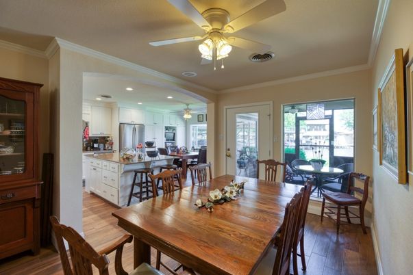 Dining room, Interior, Kitchen, Recessed Lighting, Stainless Steel Appliances, Wood Texture Flooring