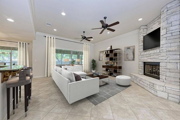 Fireplace, Interior, Living room, Recessed Lighting, Stone Walls