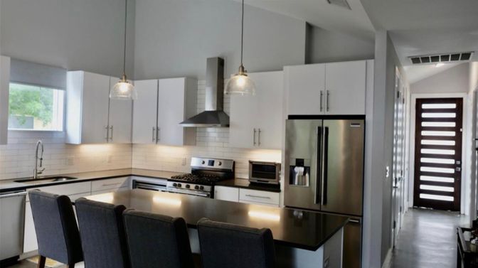 Interior, Kitchen, Pendant Lights, Stainless Steel Appliances, Wood Texture Flooring