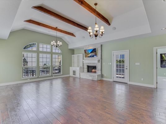 Chandelier, Empty room, Fireplace, Interior, Wooden Beams, Wood Texture Flooring