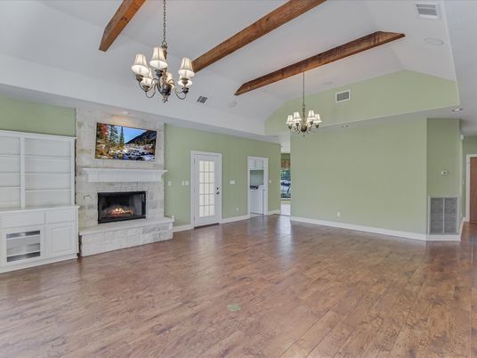 Chandelier, Empty room, Fireplace, Interior, Wooden Beams, Wood Texture Flooring