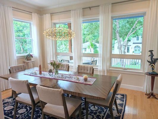 Dining room, Interior, Pendant Lights, Wood Texture Flooring