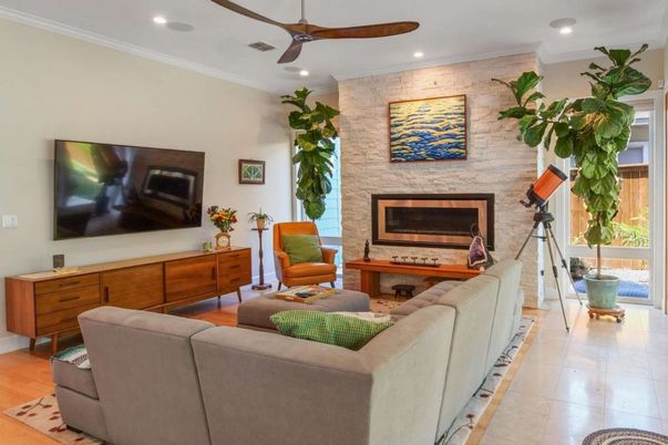 Fireplace, Interior, Living room, Recessed Lighting, Stone Walls