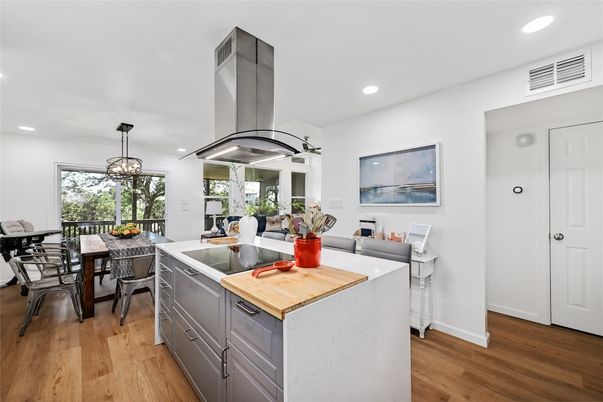 Dining room, Interior, Kitchen, Living room, Pendant Lights, Recessed Lighting, Wood Texture Flooring