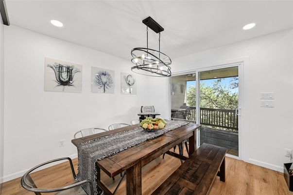 Dining room, Interior, Pendant Lights, Recessed Lighting, Wood Texture Flooring