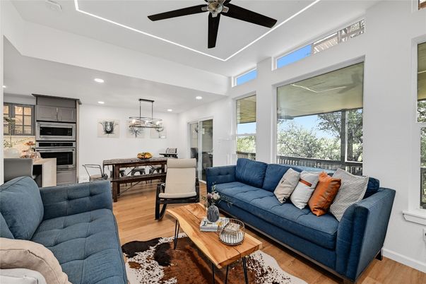 Dining room, Interior, Kitchen, Living room, Pendant Lights, Recessed Lighting, Stainless Steel Appliances, Wood Texture Flooring
