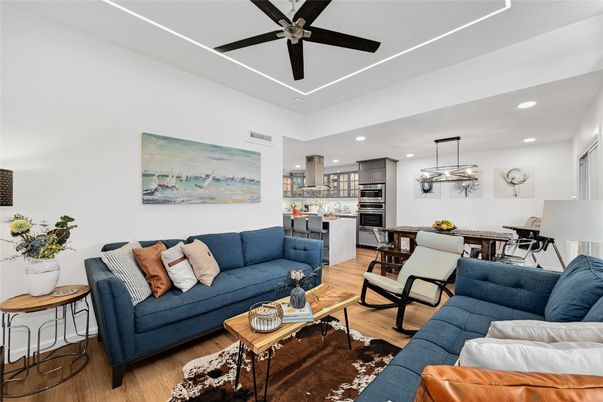 Dining room, Interior, Kitchen, Living room, Pendant Lights, Recessed Lighting, Stainless Steel Appliances, Wood Texture Flooring