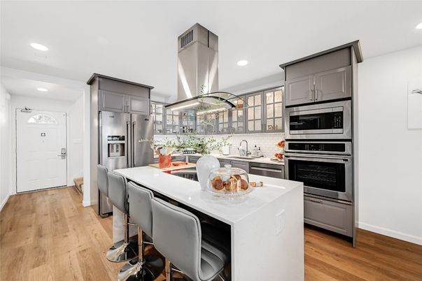 Interior, Kitchen, Recessed Lighting, Stainless Steel Appliances, Wood Texture Flooring