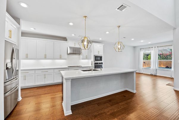Interior, Kitchen, Pendant Lights, Recessed Lighting, Stainless Steel Appliances, Wood Texture Flooring