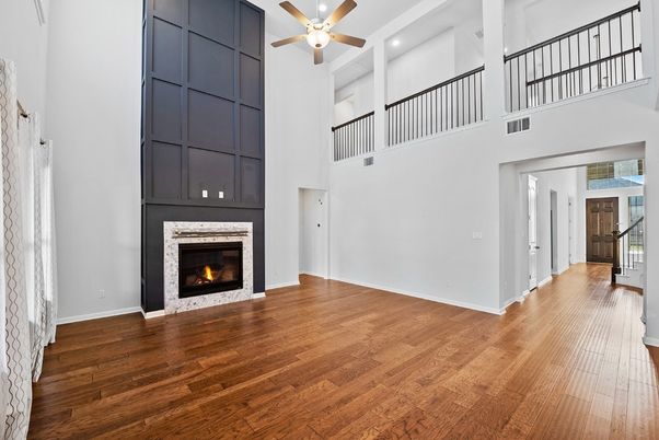 Fireplace, Interior, Recessed Lighting, Wood Texture Flooring