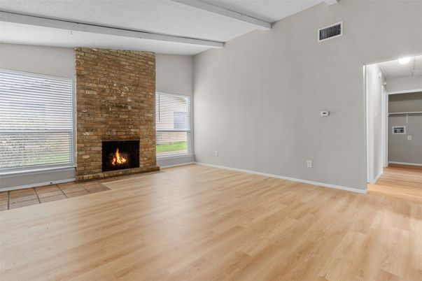 Empty room, Fireplace, Interior, Stone Walls, Wood Texture Flooring