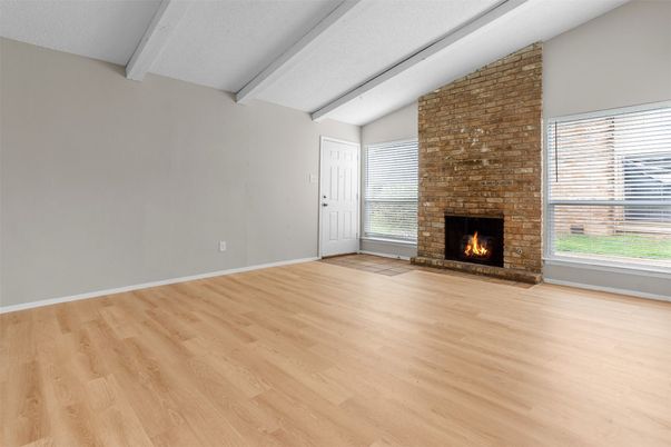 Empty room, Fireplace, Interior, Stone Walls, Wood Texture Flooring