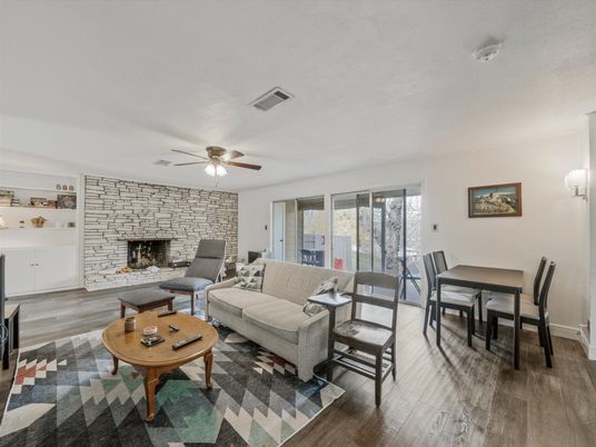 Dining room, Fireplace, Interior, Living room, Stone Walls, Wood Texture Flooring