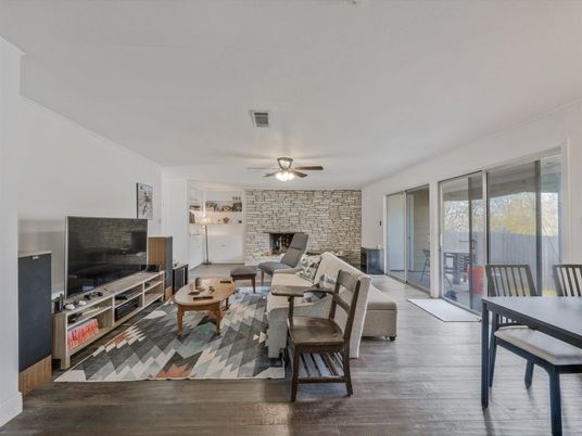 Dining room, Fireplace, Interior, Living room, Stone Walls, Wood Texture Flooring