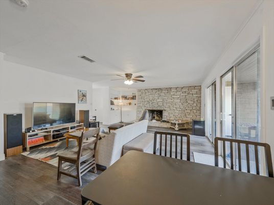 Dining room, Fireplace, Interior, Living room, Stone Walls, Wood Texture Flooring
