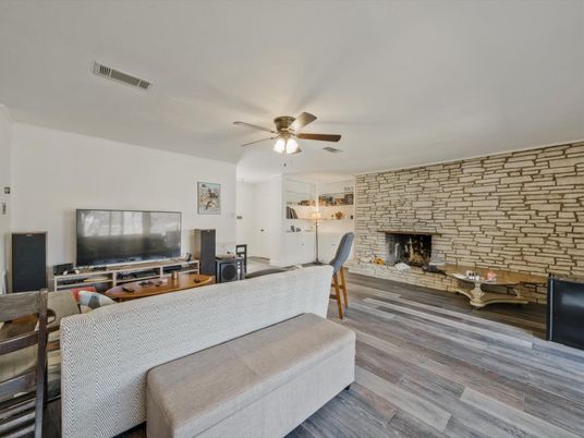 Fireplace, Interior, Living room, Stone Walls, Wood Texture Flooring