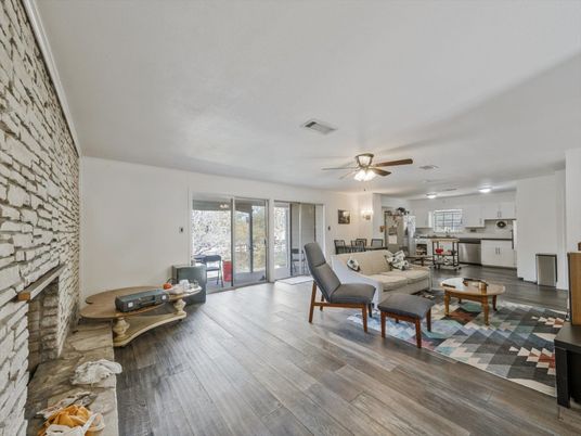 Fireplace, Interior, Kitchen, Living room, Recessed Lighting, Stone Walls, Wood Texture Flooring