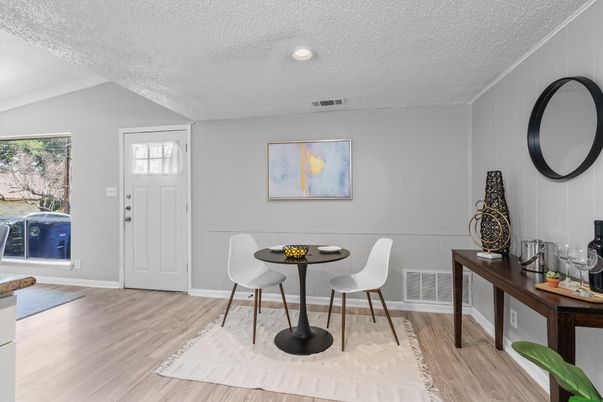 Dining room, Interior, Recessed Lighting, Wood Texture Flooring