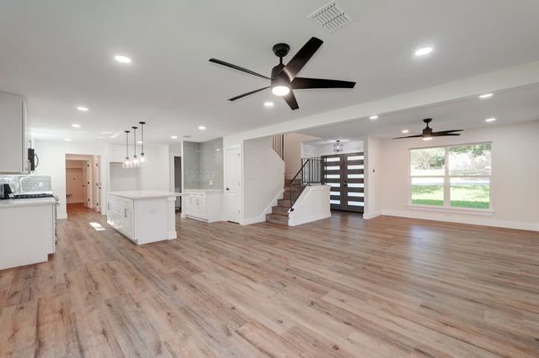 Empty room, Interior, Kitchen, Pendant Lights, Recessed Lighting, Wood Texture Flooring
