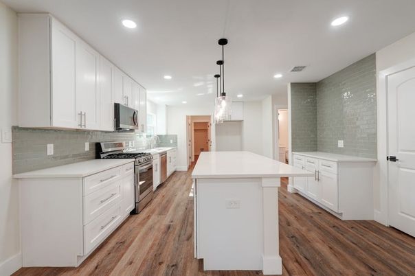 Interior, Kitchen, Pendant Lights, Recessed Lighting, Stainless Steel Appliances, Wood Texture Flooring