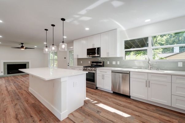 Interior, Kitchen, Pendant Lights, Recessed Lighting, Stainless Steel Appliances, Wood Texture Flooring
