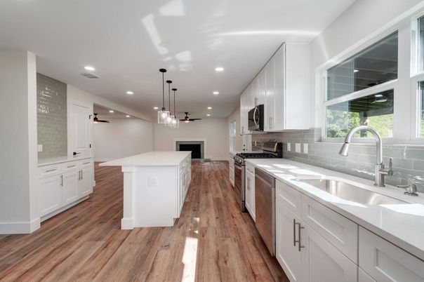 Interior, Kitchen, Pendant Lights, Recessed Lighting, Stainless Steel Appliances, Wood Texture Flooring