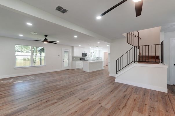 Empty room, Interior, Kitchen, Pendant Lights, Recessed Lighting, Wood Texture Flooring