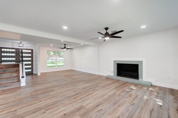 Empty room, Fireplace, Interior, Recessed Lighting, Wood Texture Flooring
