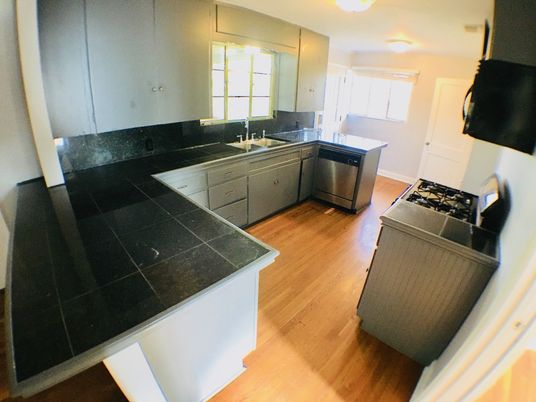 Interior, Kitchen, Tile Countertops, Wood Texture Flooring
