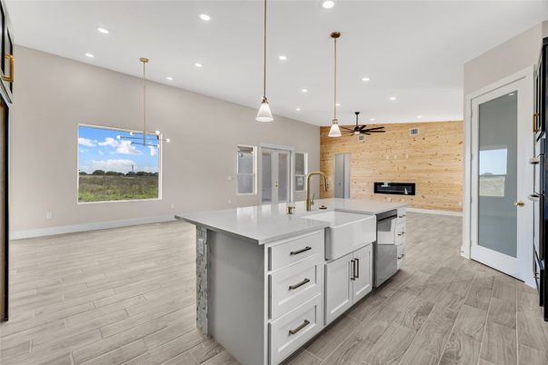 Interior, Kitchen, Pendant Lights, Recessed Lighting, Wood Texture Flooring