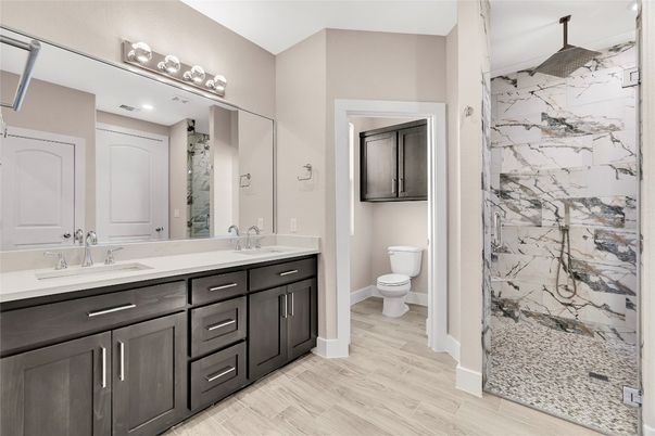 Bathroom, Dual Sink Vanities, Interior, Marble Walls, Wood Texture Flooring