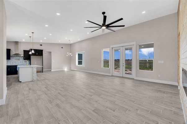 Empty room, Interior, Kitchen, Pendant Lights, Recessed Lighting, Wood Texture Flooring