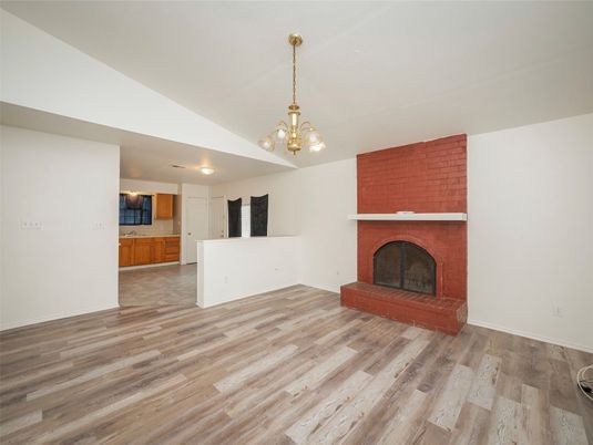 Empty room, Fireplace, Interior, Pendant Lights, Wood Texture Flooring