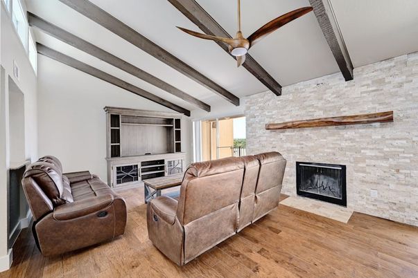 Fireplace, Interior, Living room, Stone Walls, Wooden Beams, Wood Texture Flooring