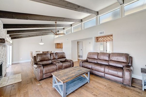 Dining room, Fireplace, Interior, Living room, Pendant Lights, Wooden Beams, Wood Texture Flooring