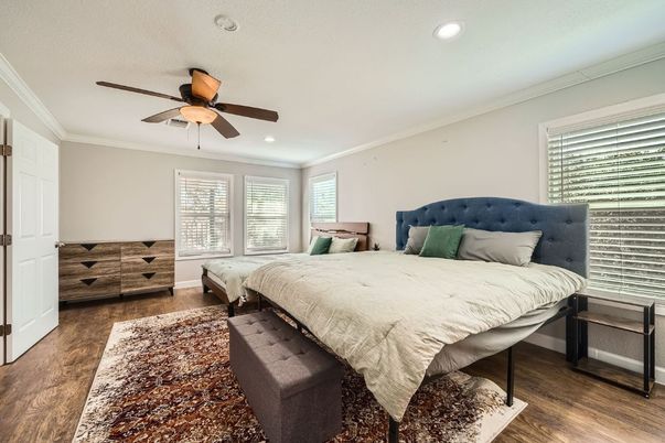 Bedroom, Interior, Recessed Lighting, Wood Texture Flooring