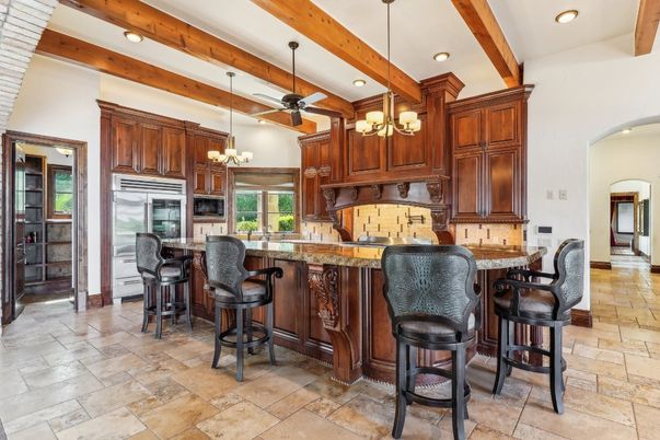 Chandelier, Interior, Kitchen, Recessed Lighting, Wooden Beams