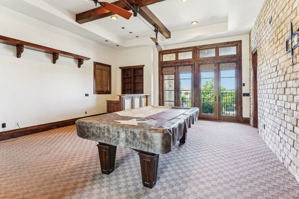 Billiard Table, Game Room, Interior, Recessed Lighting, Stone Walls, Wooden Beams
