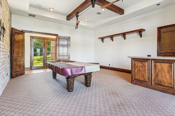 Billiard Table, Game Room, Interior, Recessed Lighting, Stone Walls, Wooden Beams