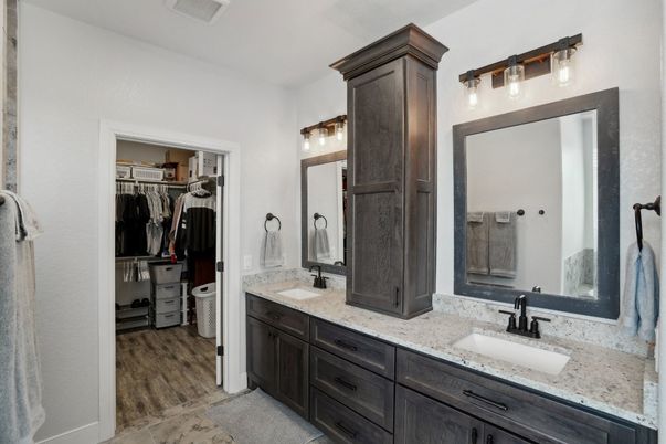 Bathroom, Dual Sink Vanities, Interior, Walk-in Closets, Wood Texture Flooring