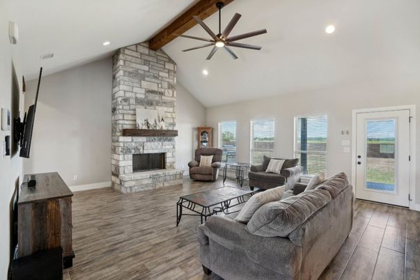Fireplace, Interior, Living room, Recessed Lighting, Stone Walls, Wooden Beams, Wood Texture Flooring