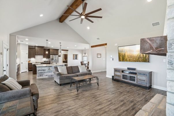 Interior, Kitchen, Living room, Pendant Lights, Recessed Lighting, Stainless Steel Appliances, Wooden Beams, Wood Texture Flooring