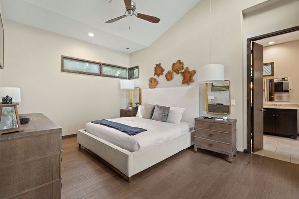 Bedroom, Interior, Recessed Lighting, Wood Texture Flooring
